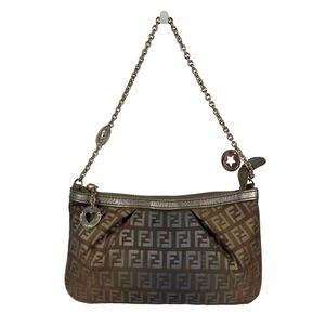 Fendi Vintage Brown Blue Metallic Ombré Zucca Monogram Charm Pochette Chain Bag
